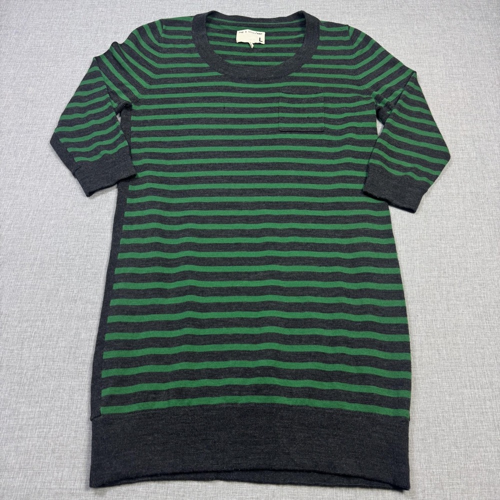 Rag & Bone Merino Wool Sweater Dress Womens Large Green Gray Striped Knee Length